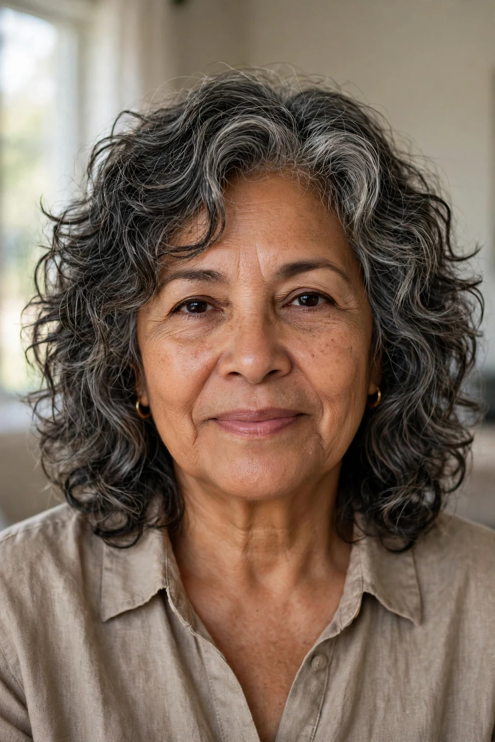 Shoulder-length salt-and-pepper curly shag with natural gray blend