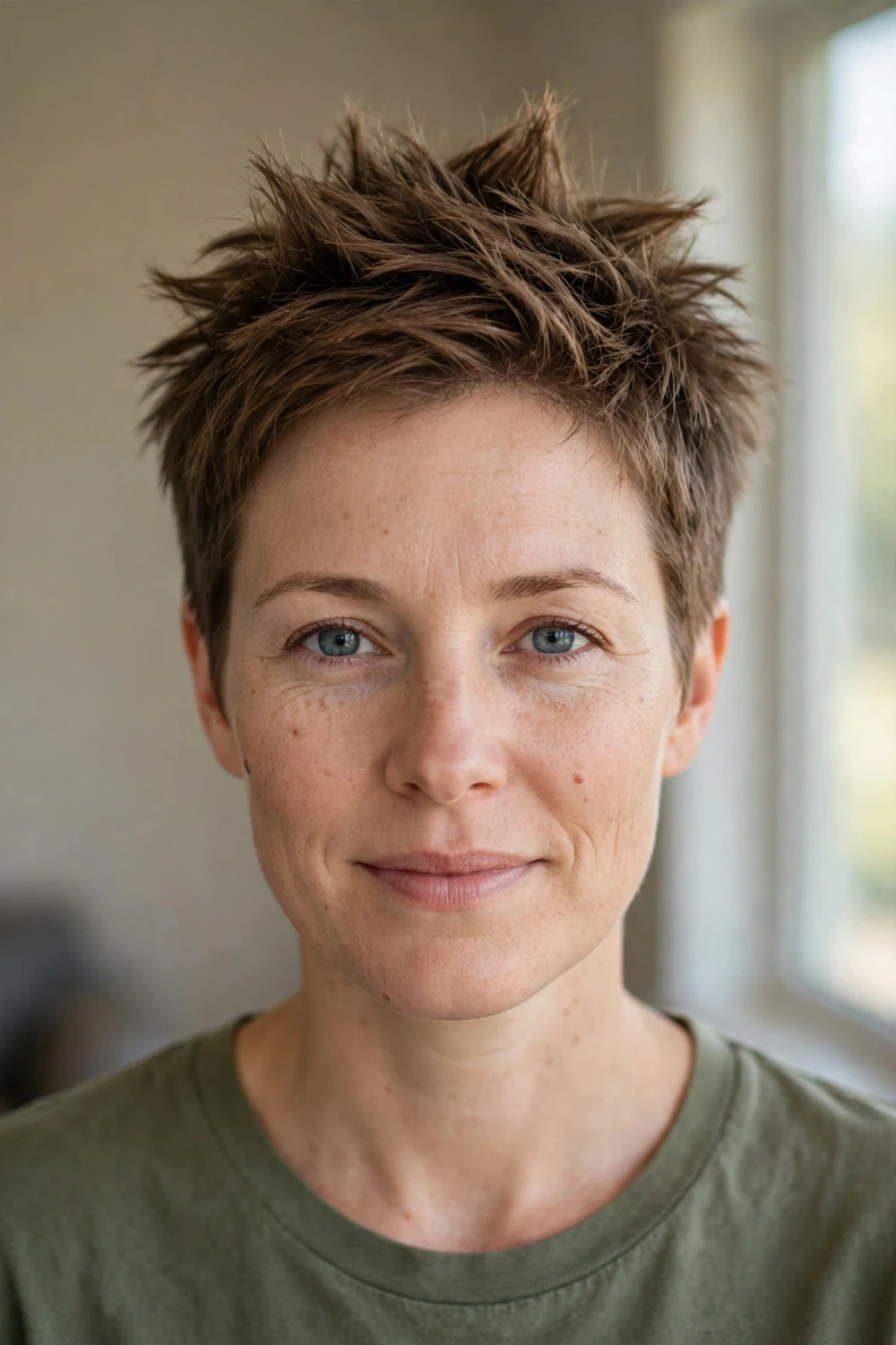 Woman with a spiky pixie cut with lifted textured spikes on top and tapered sides