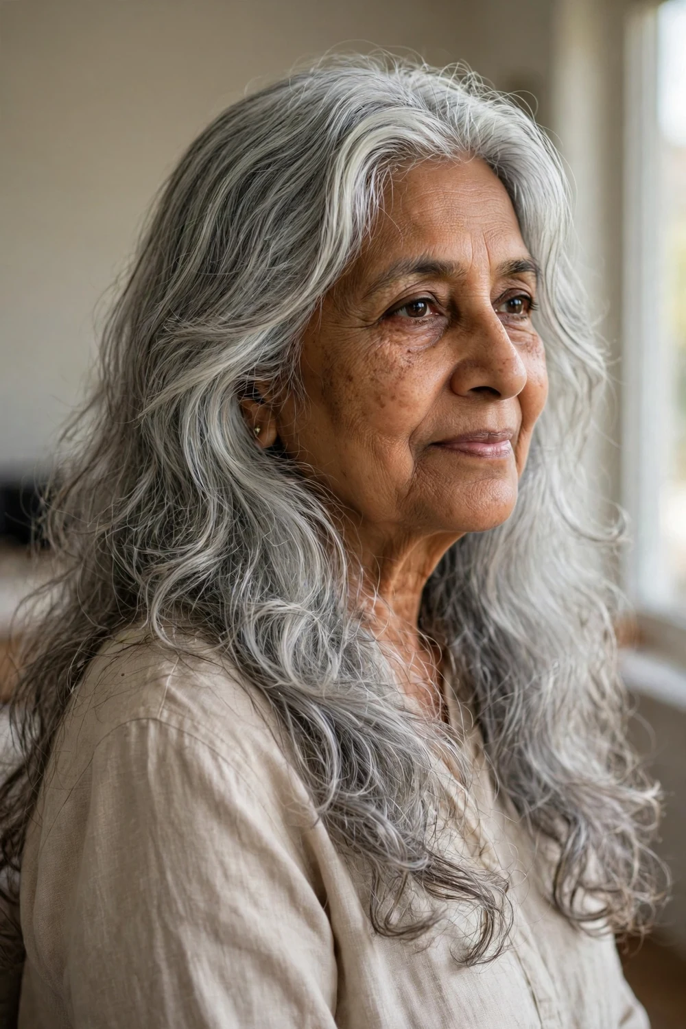Longer pearl gray shag with face-framing layers and wispy curly ends