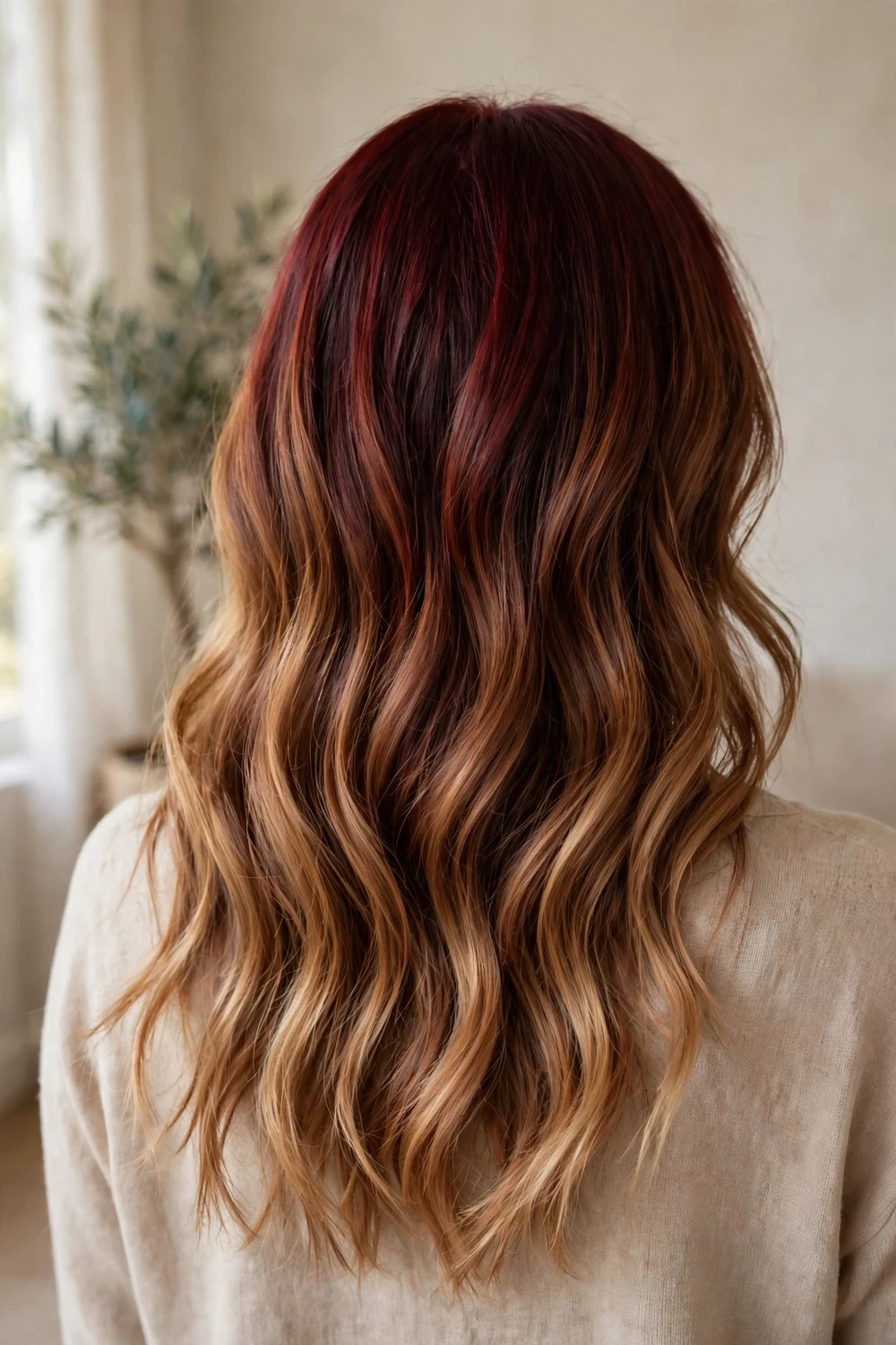 Long wavy hair with deep cherry roots melting through caramel mid-lengths to lighter ends