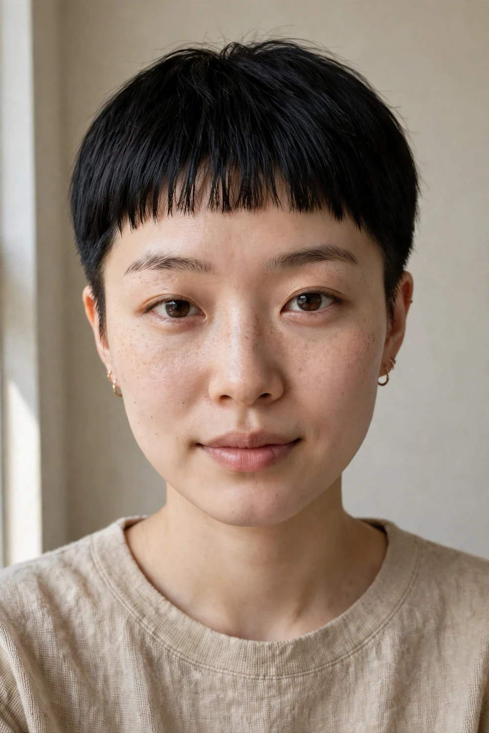 Woman with a micro fringe pixie cut with very short baby bangs