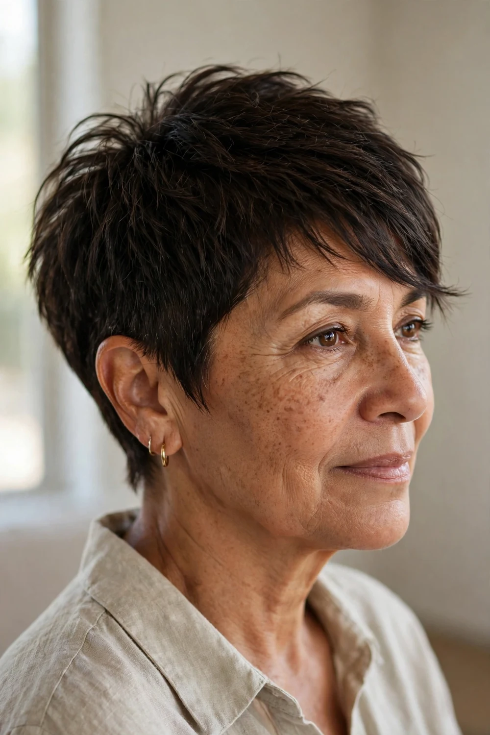 Razor-textured short choppy pixie with side-swept fringe on fine dark hair, woman over 50