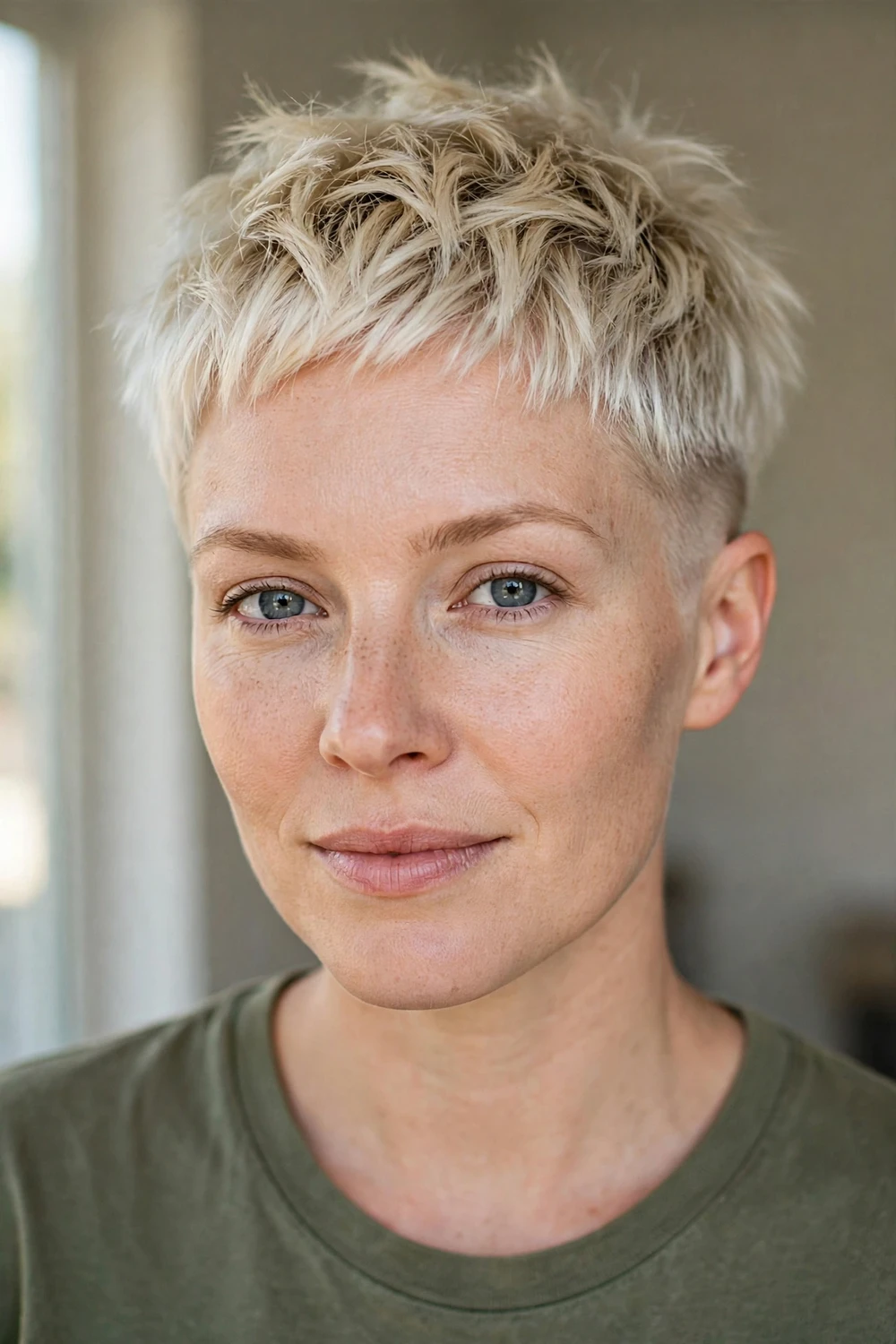 Woman with a bleach blonde cropped pixie cut with choppy micro layers