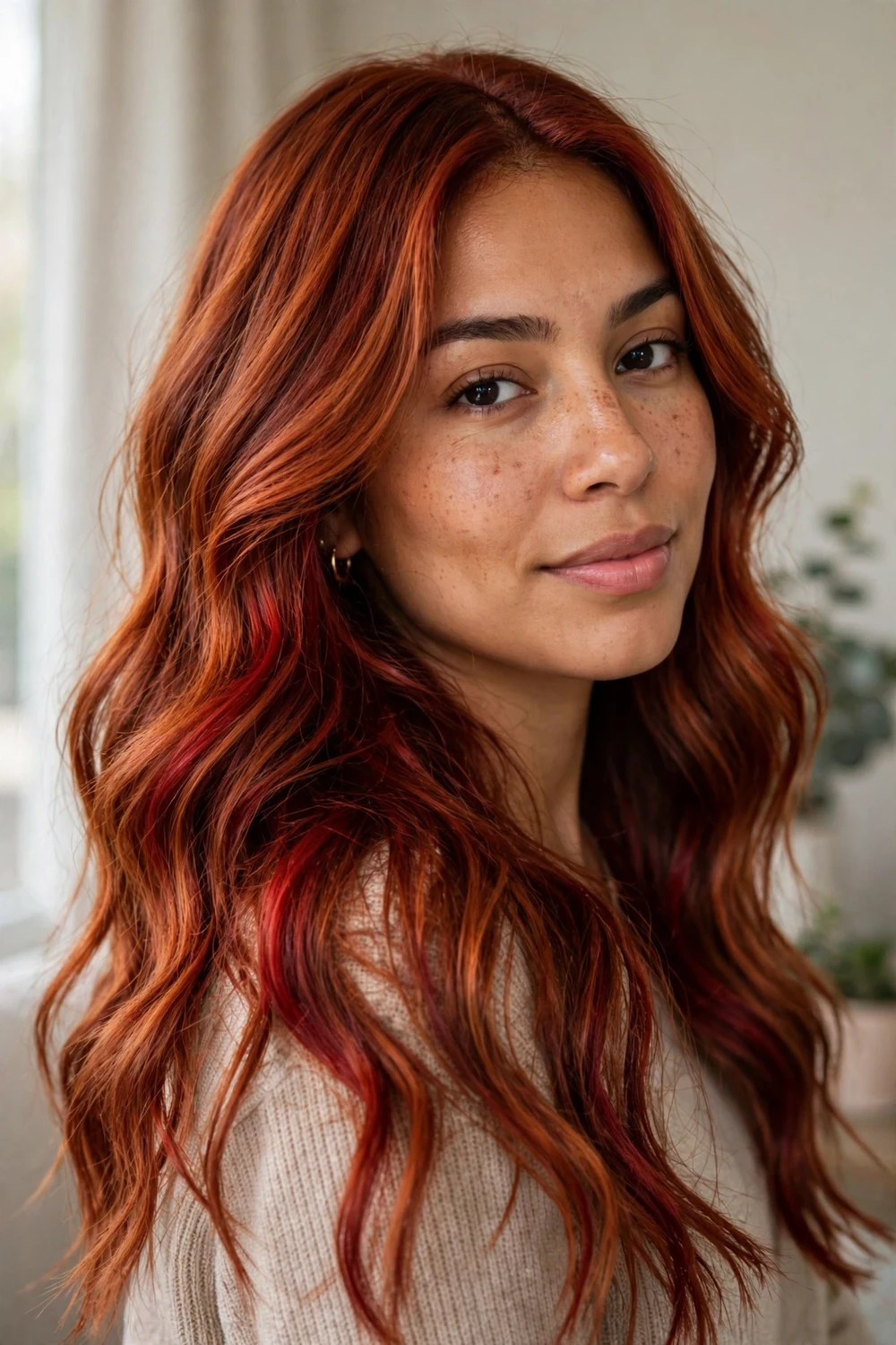 Long wavy hair blending warm cinnamon tones with rich cherry red