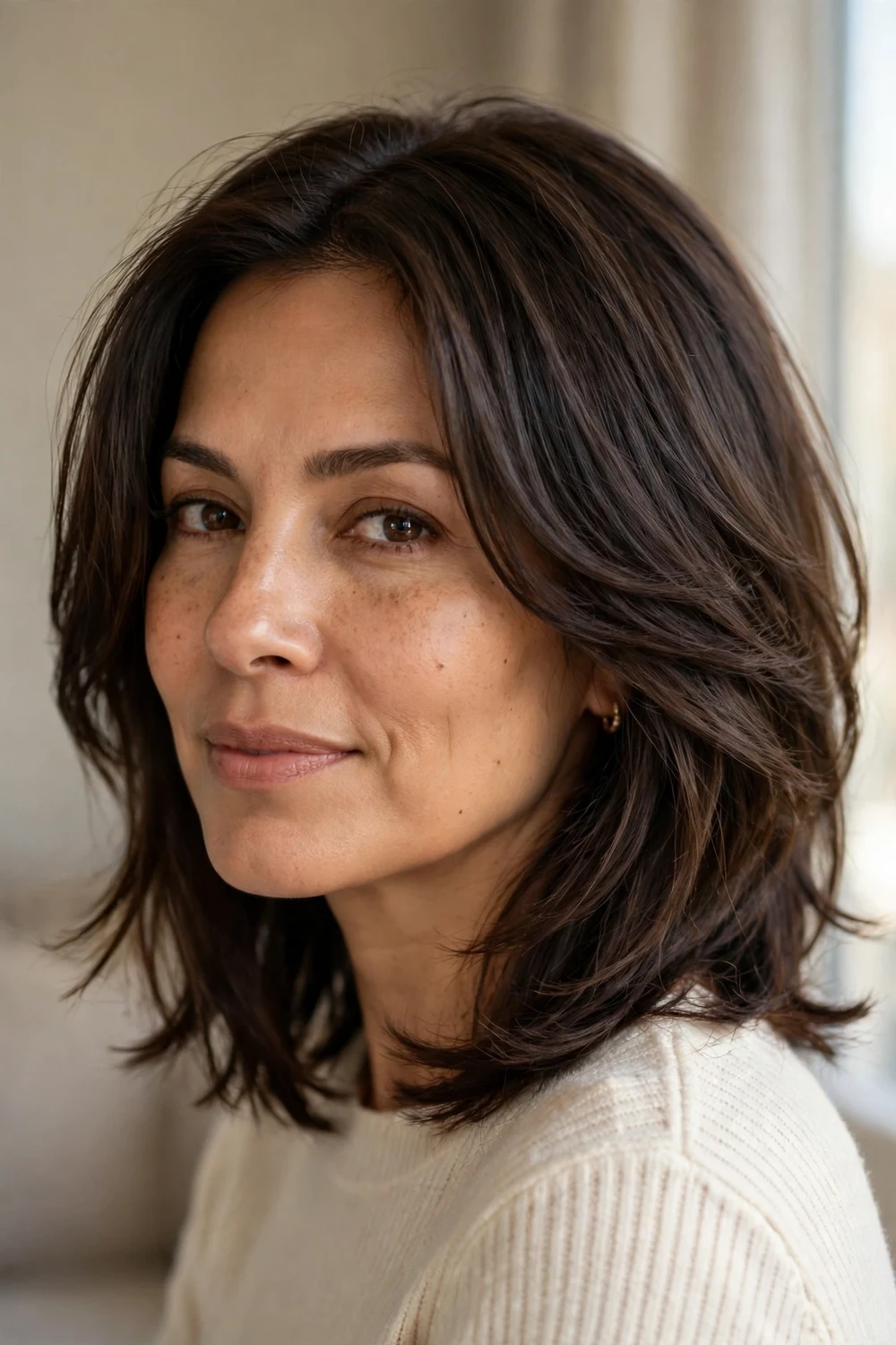 Woman with dark brown mid-length hair styled in a layered midi haircut with face-framing pieces