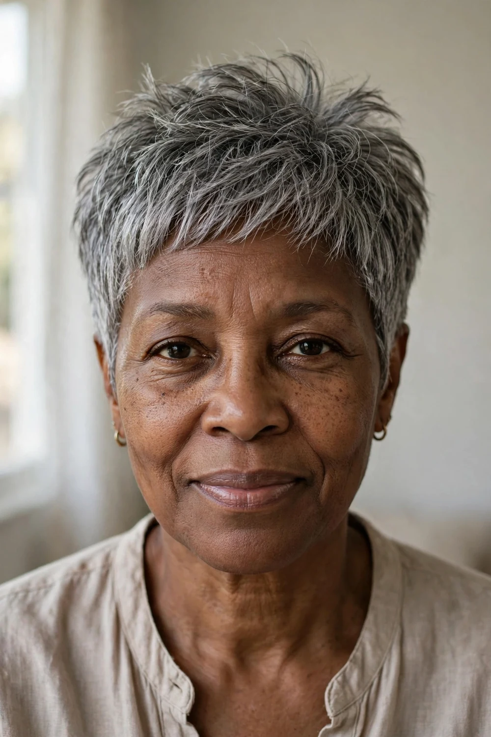 Short textured choppy pixie with lifted crown on fine gray hair, woman over 50