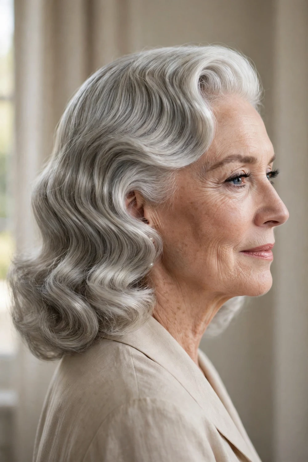 Platinum gray Hollywood-style waves with deep side part on a mature woman