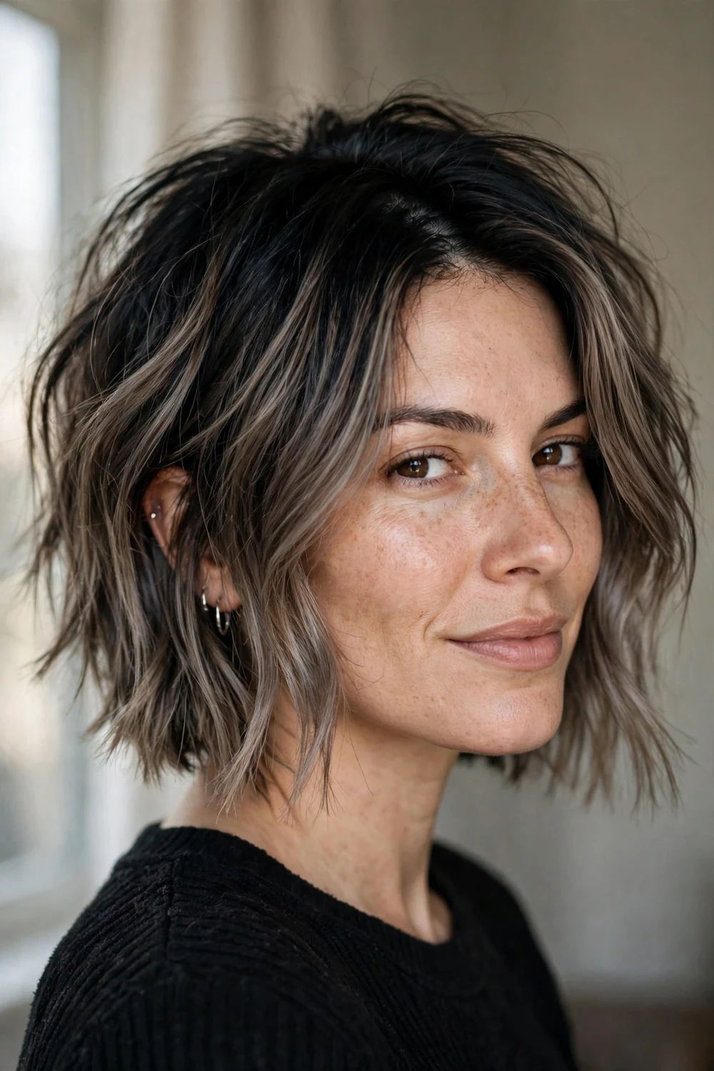 Ash brown balayage with dark roots on short bob