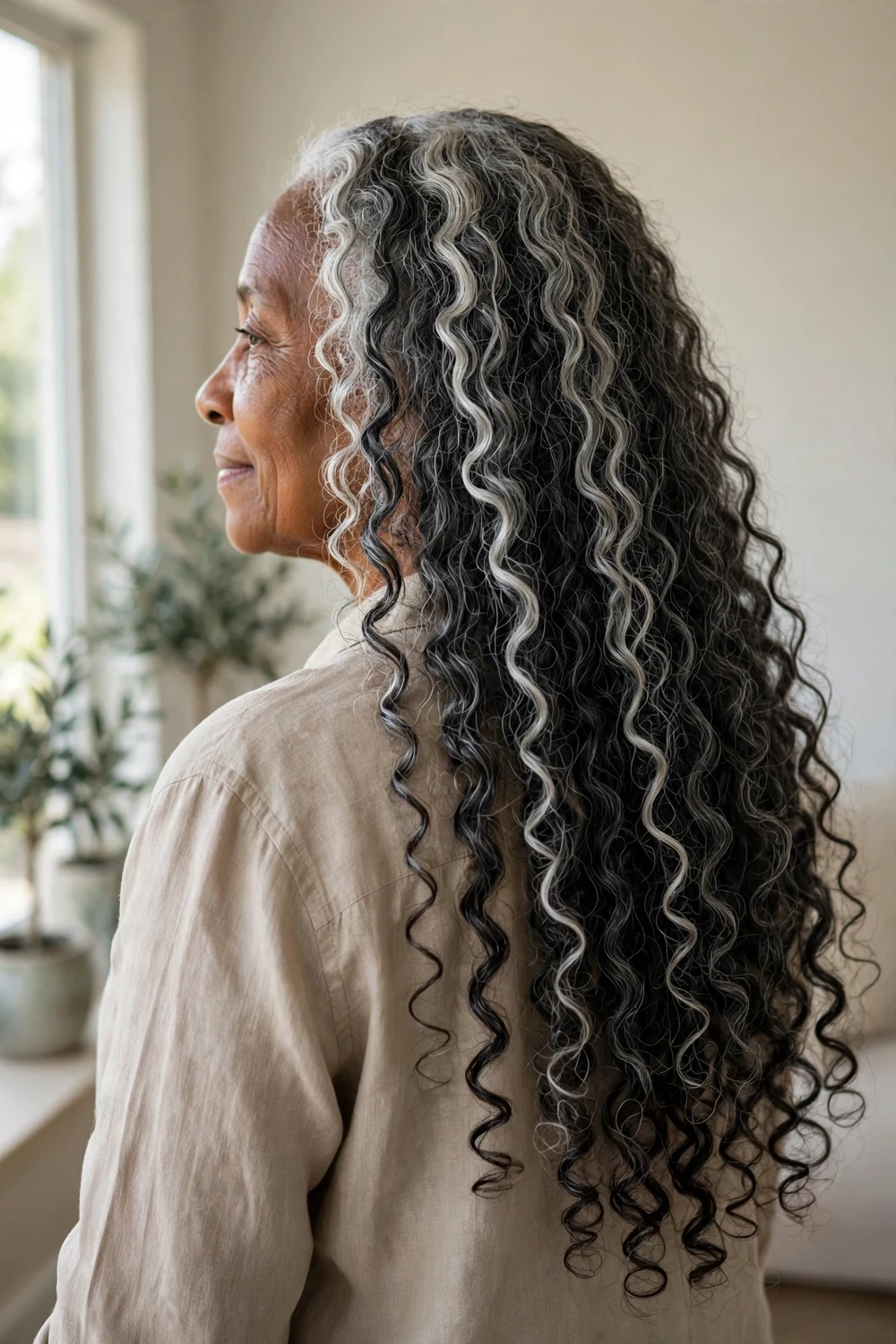 Long cascading salt-and-pepper curls with dark lowlights and white highlights