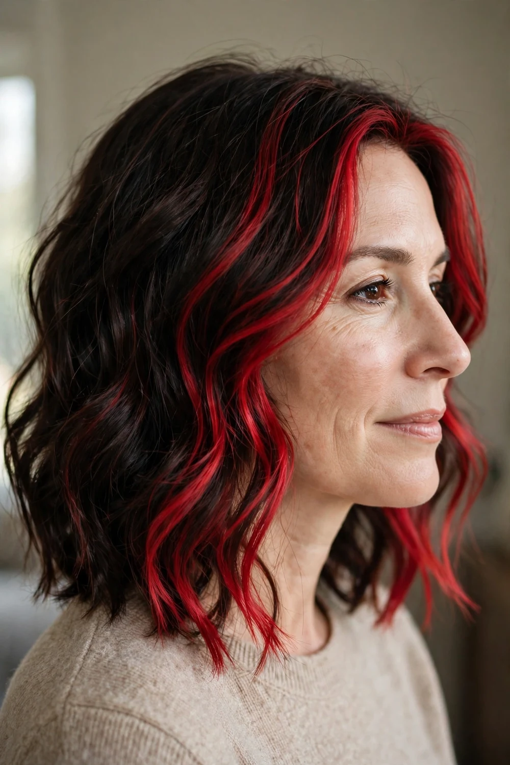 Medium dark wavy hair with brighter cherry foilyage pieces around the face and ends