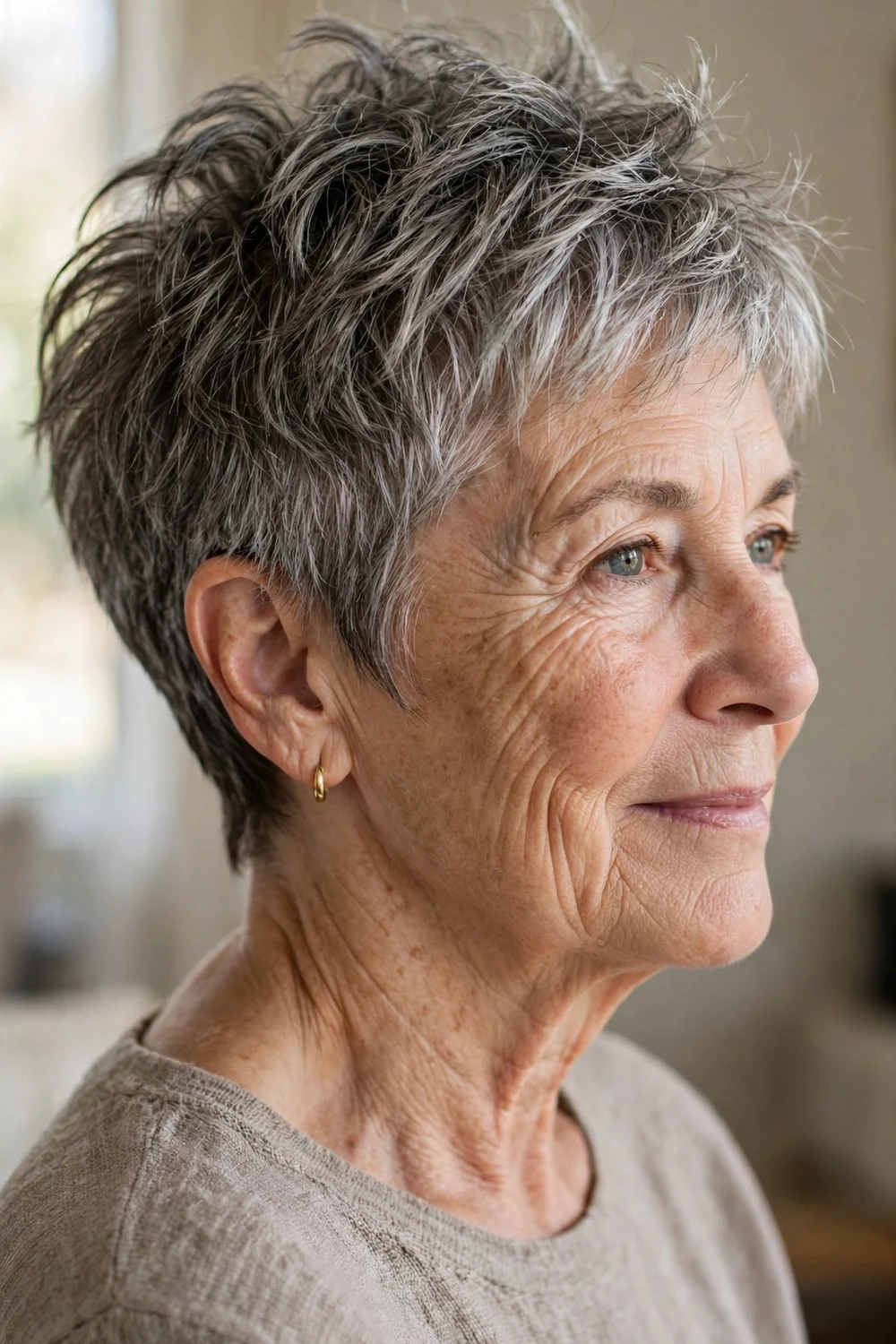Salt-and-pepper textured choppy pixie crop on fine hair, woman over 50