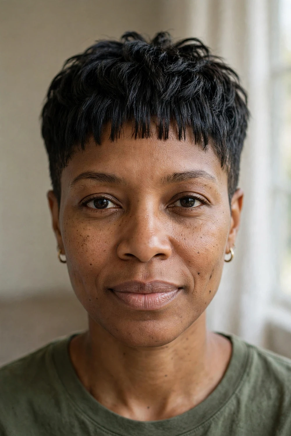 Woman with a textured French crop pixie with a short notched fringe and low taper