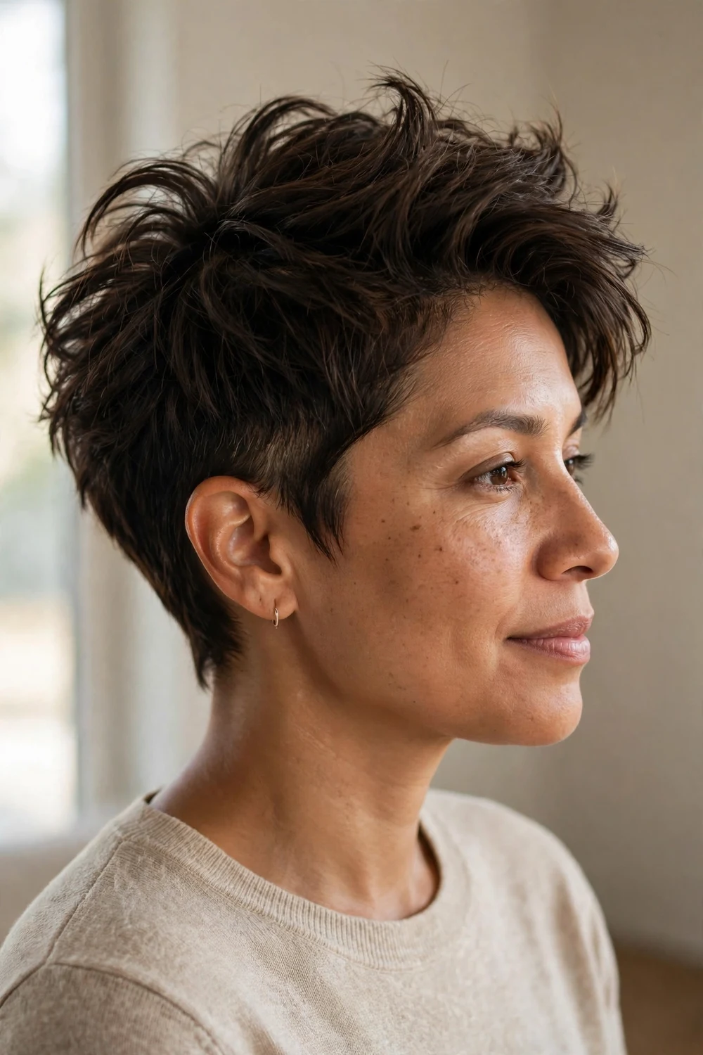 Woman with dark brown short hair styled in a tousled crop haircut with long choppy layers on top