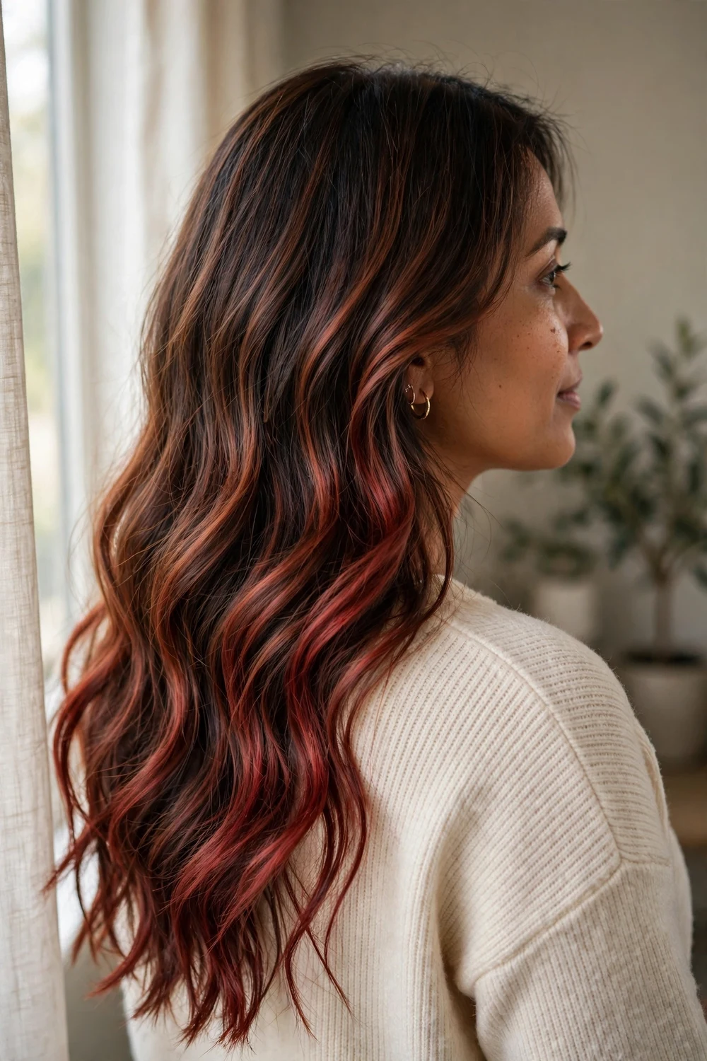 Mocha brown wavy hair with cherry cola highlights on mid-lengths and ends
