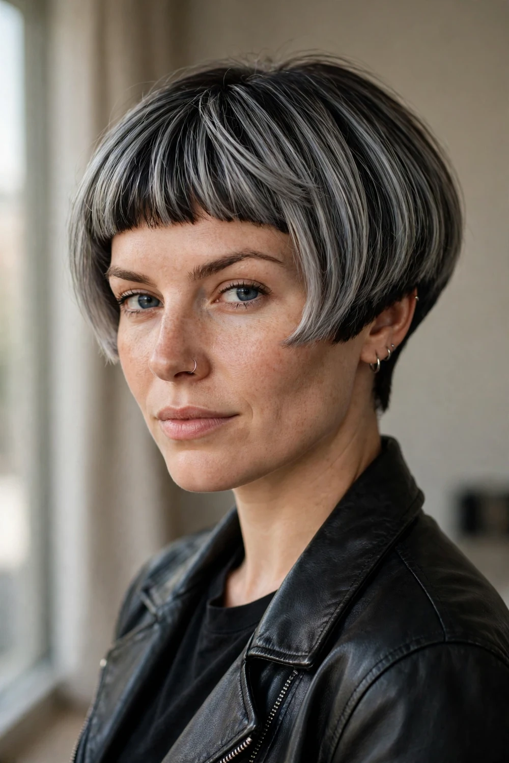 Grey balayage bowl cut with dark roots