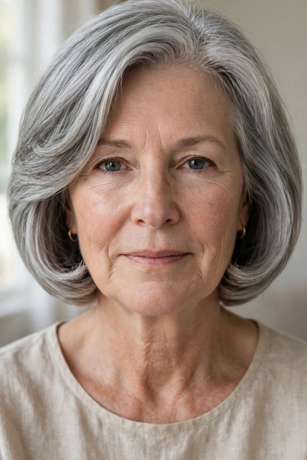 Older woman with silver mid-length hair styled in a layered pageboy haircut with smooth inward-turning ends