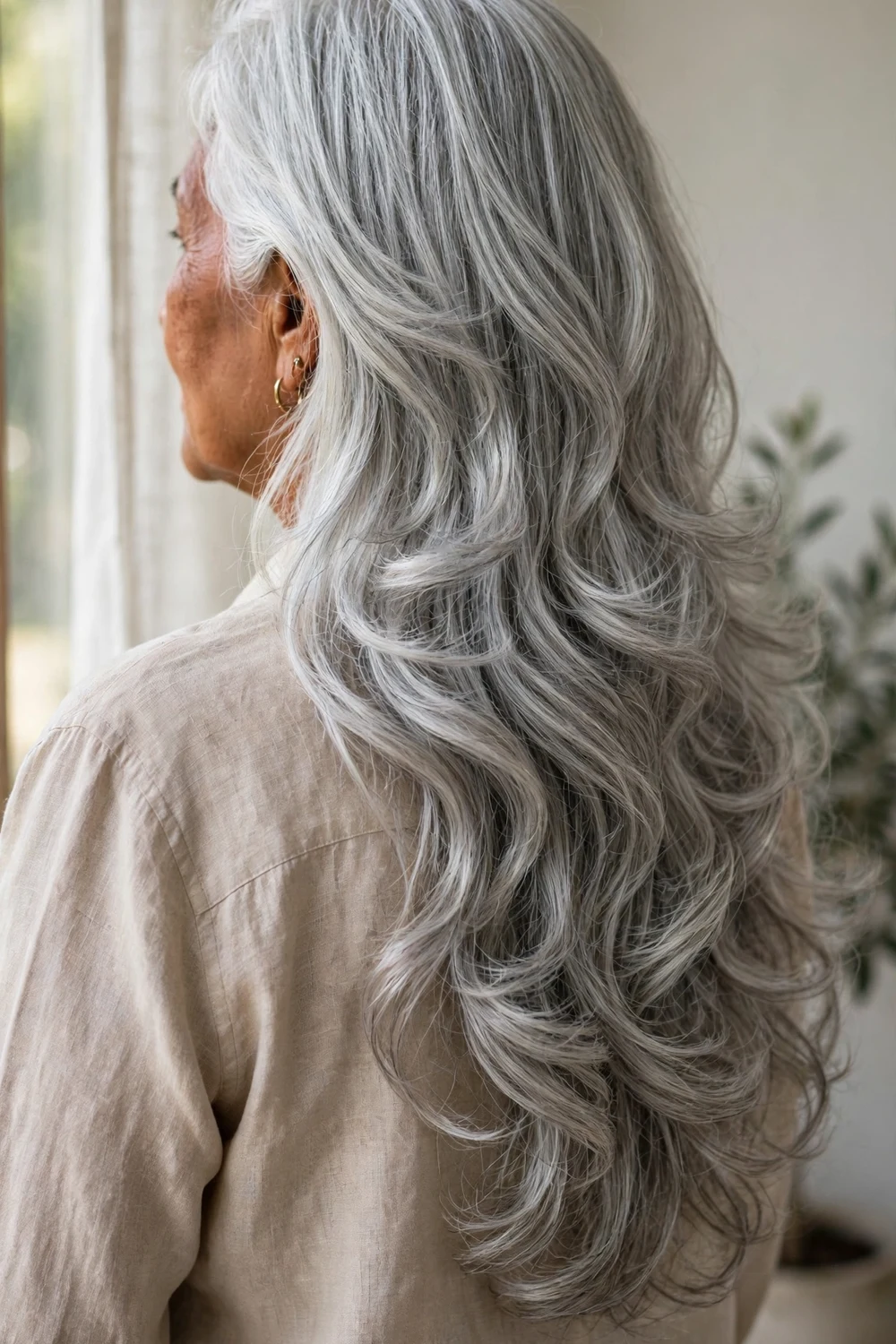 Long silver layered curls with soft flowing shape on a woman over 50