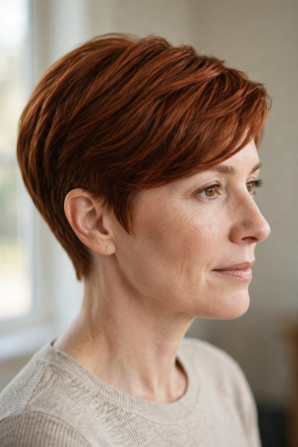Woman with a warm auburn pixie cut with neat sides and a longer swept top