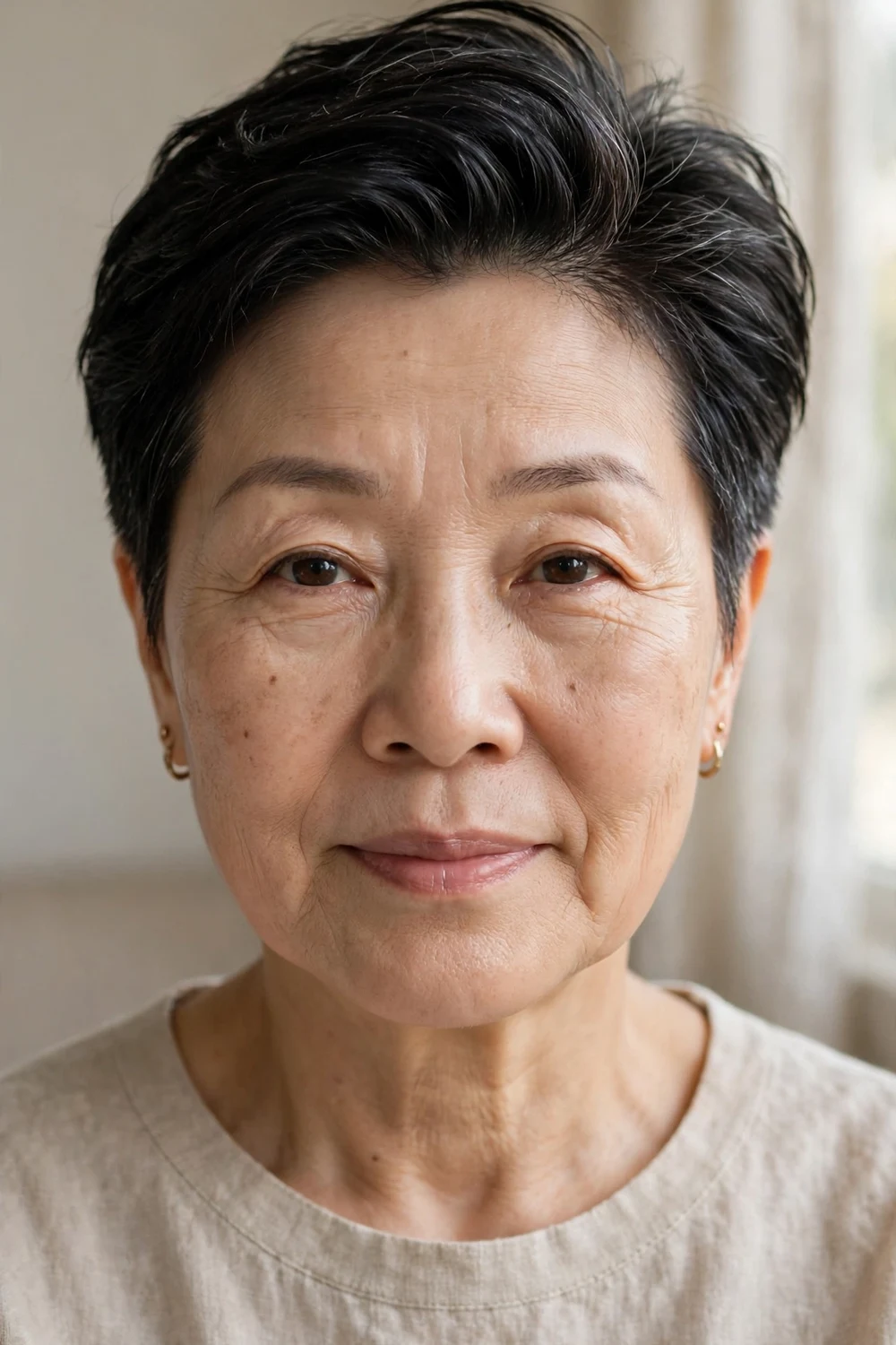 Brushed-back choppy pixie on fine black hair, woman over 50