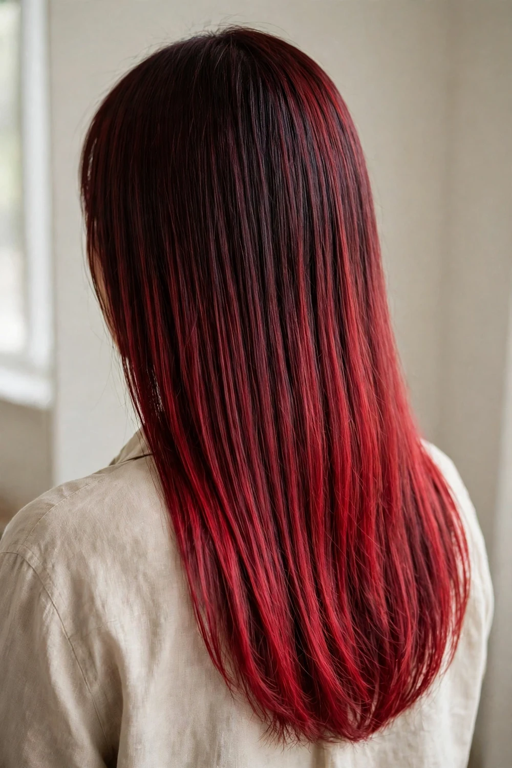 Long dark hair with burgundy roots melting seamlessly into cherry lengths