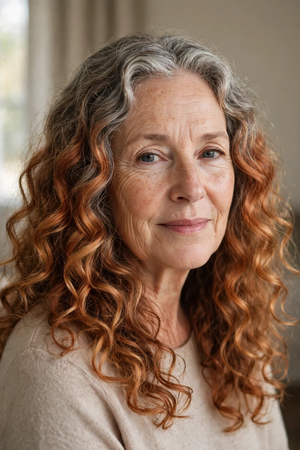 Long gray curls with copper-toned ends blending from natural gray roots