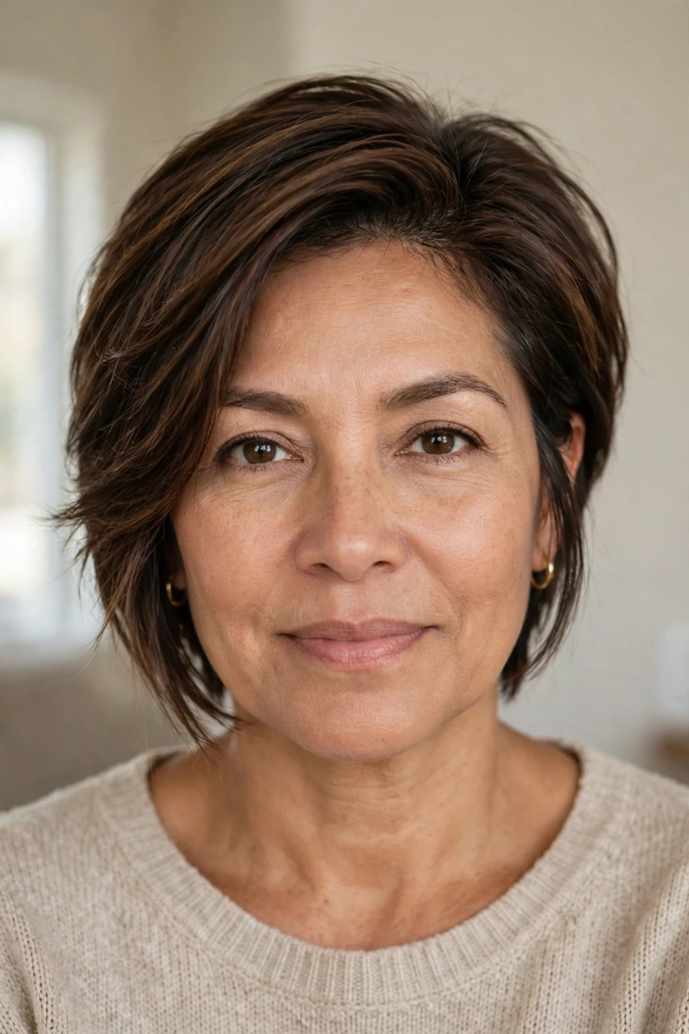 Woman with a grown-out pixie cut with longer layers grazing the cheekbones and a deep side part