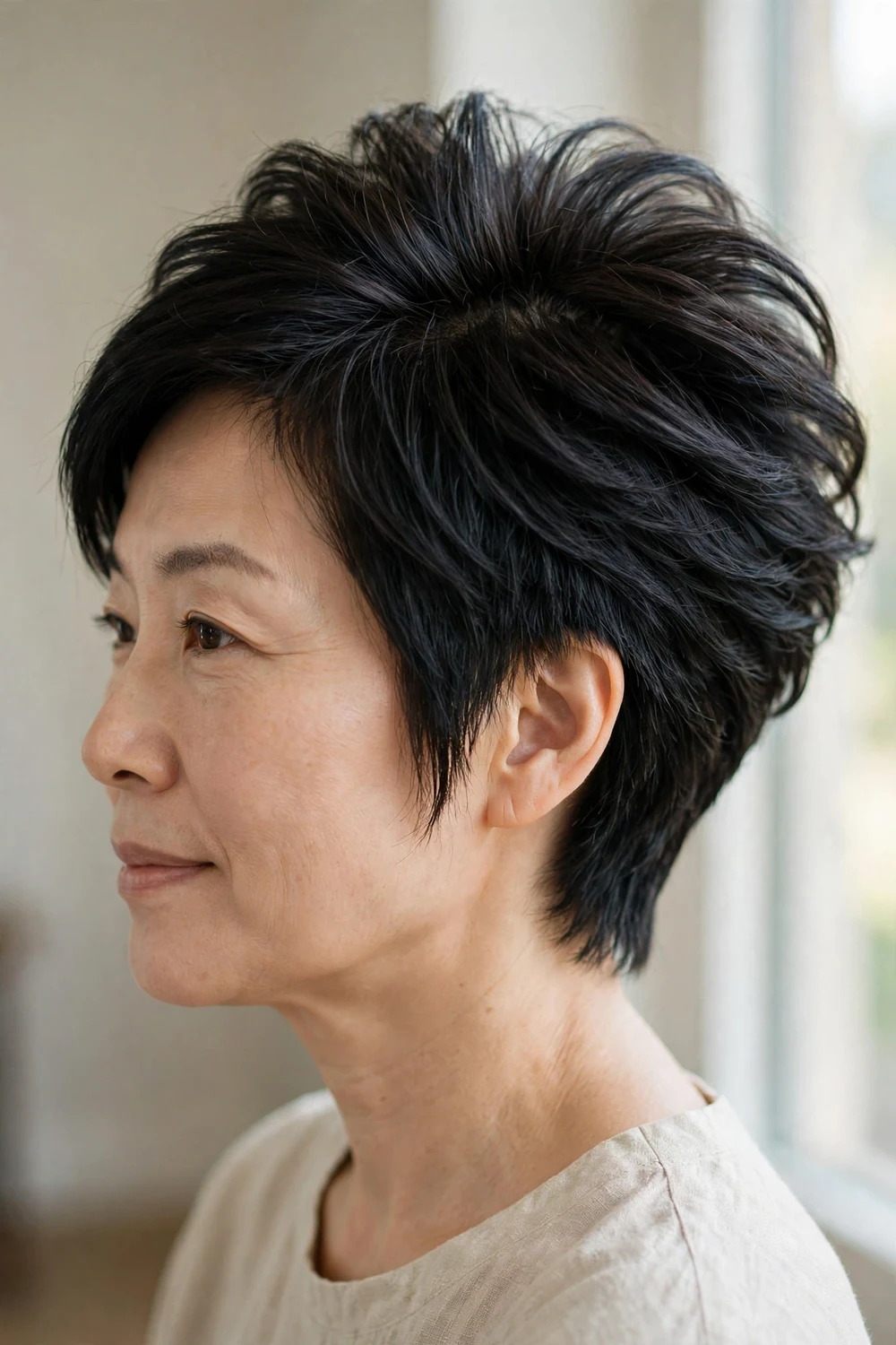 Side view of a layered wedge haircut with graduated stacked layers creating lift at the crown