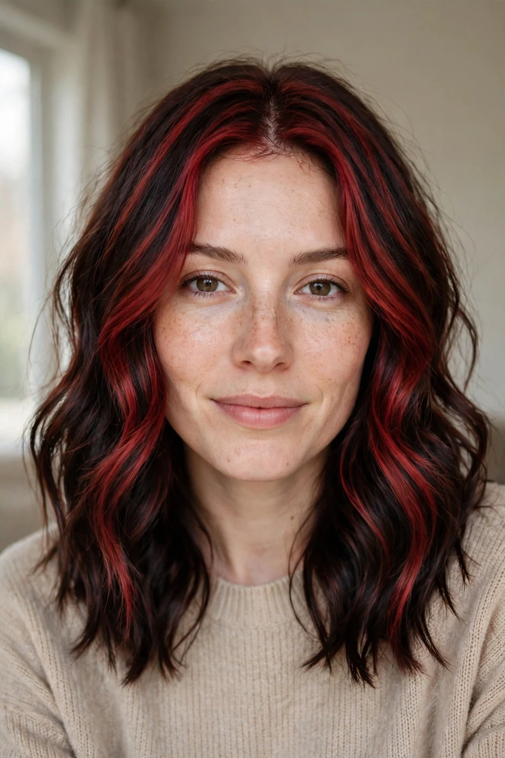 Medium wavy dark hair with cherry balayage focused on the top layer and face
