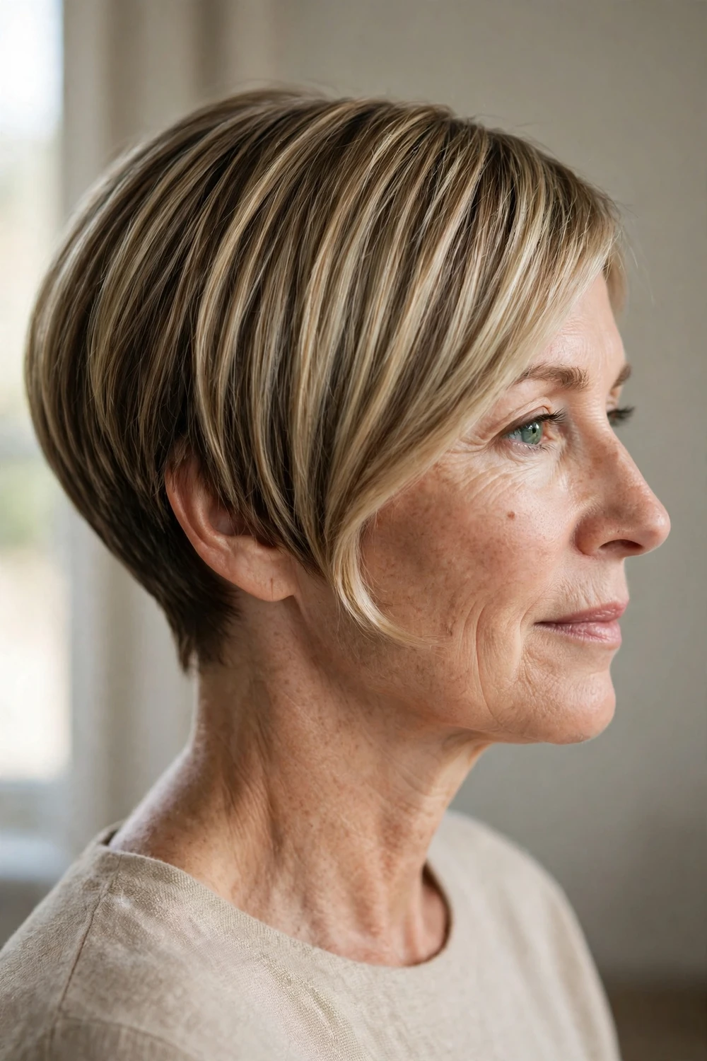 Woman with a sleek pixie bob cut with bob-like length in front and a short tapered back
