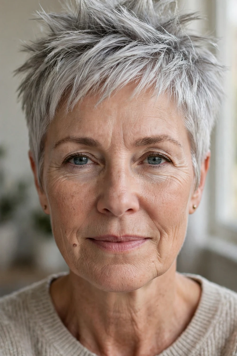 Spiky choppy pixie on fine silver hair, woman over 50