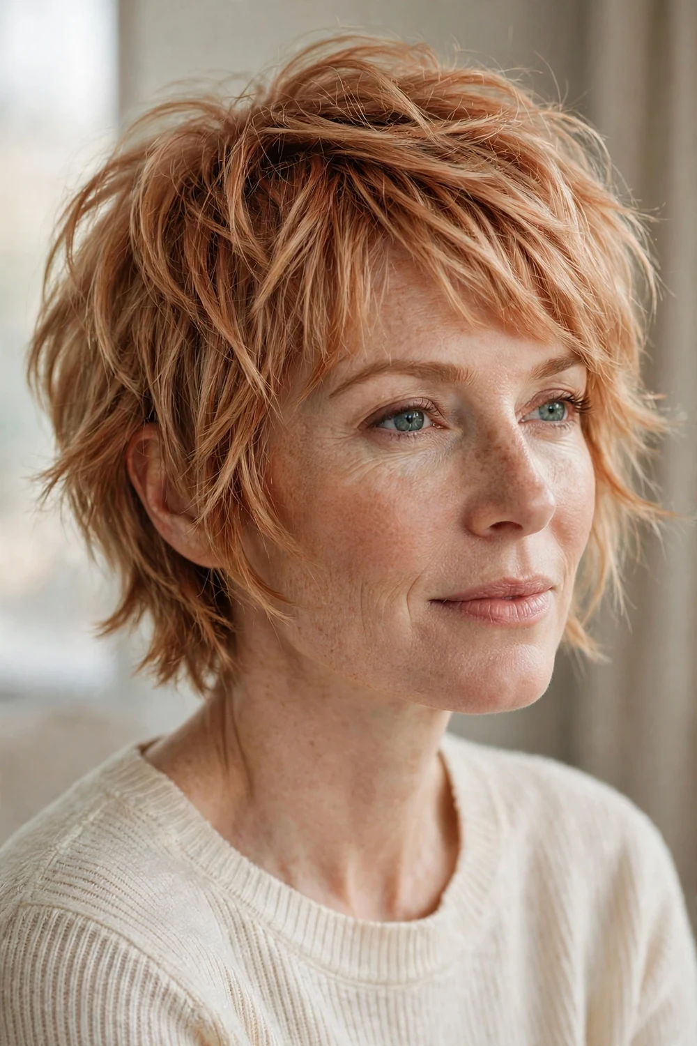 Woman with strawberry blonde hair styled in an undone layered pixie-bob with disconnected layers