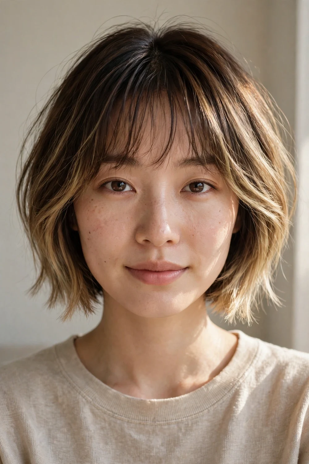 Textured bob with wispy bangs and golden balayage