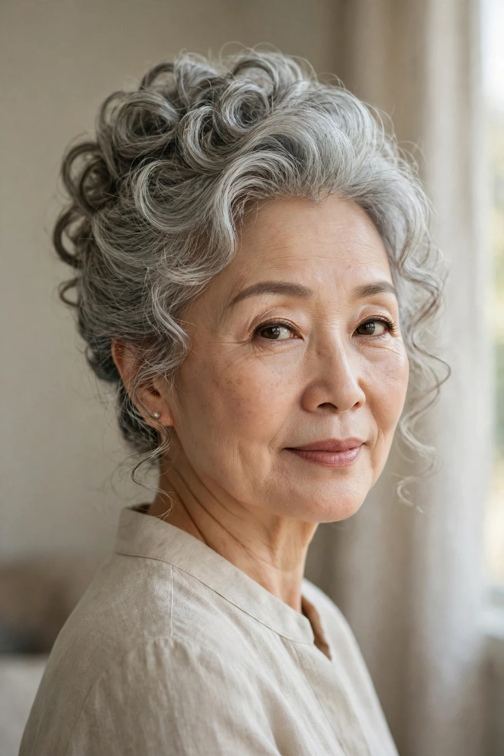 Elegant curly gray updo with defined curls framing the face