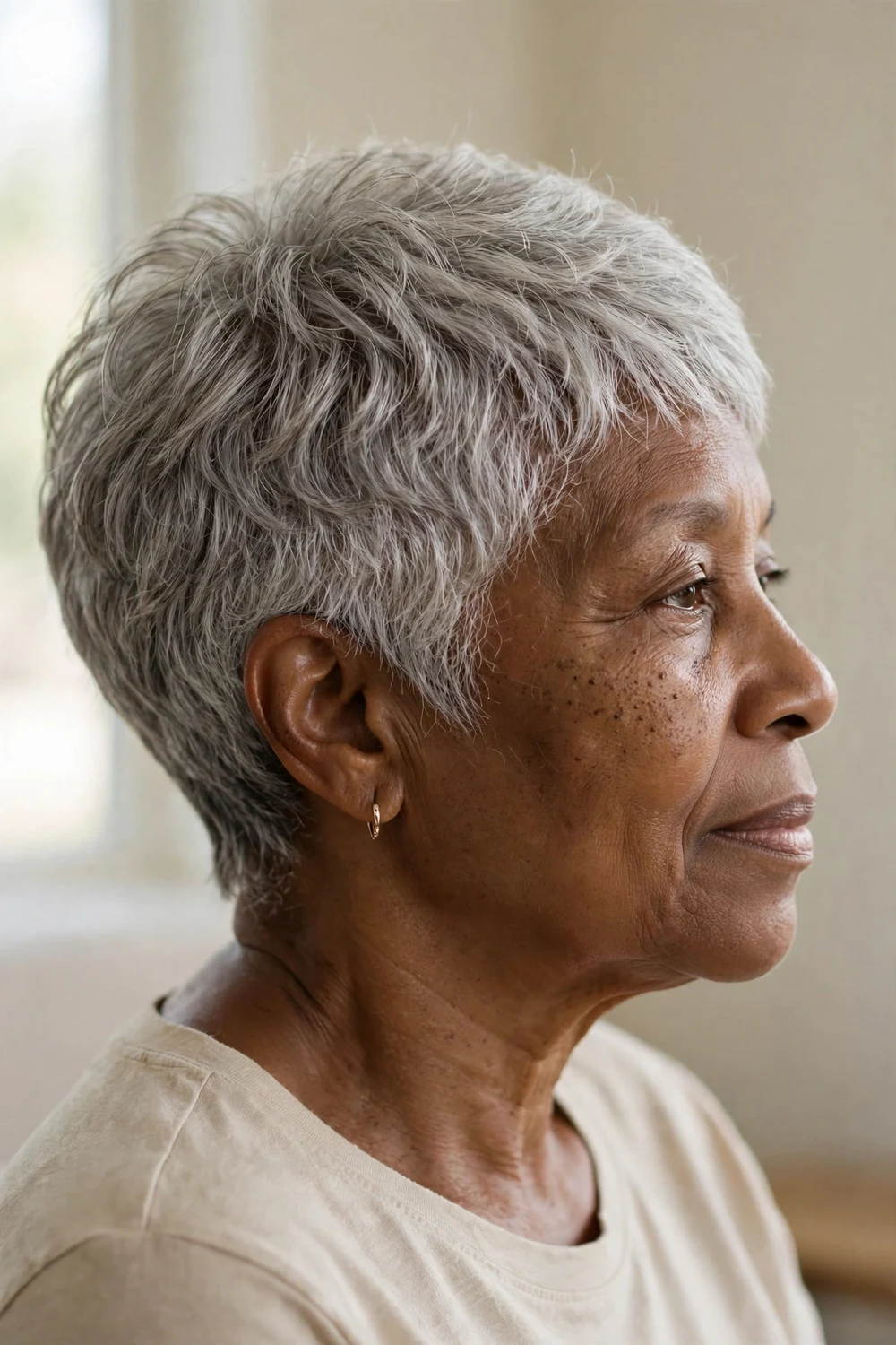Older woman with gray very short hair styled in a cropped shingle haircut with fine overlapping layers