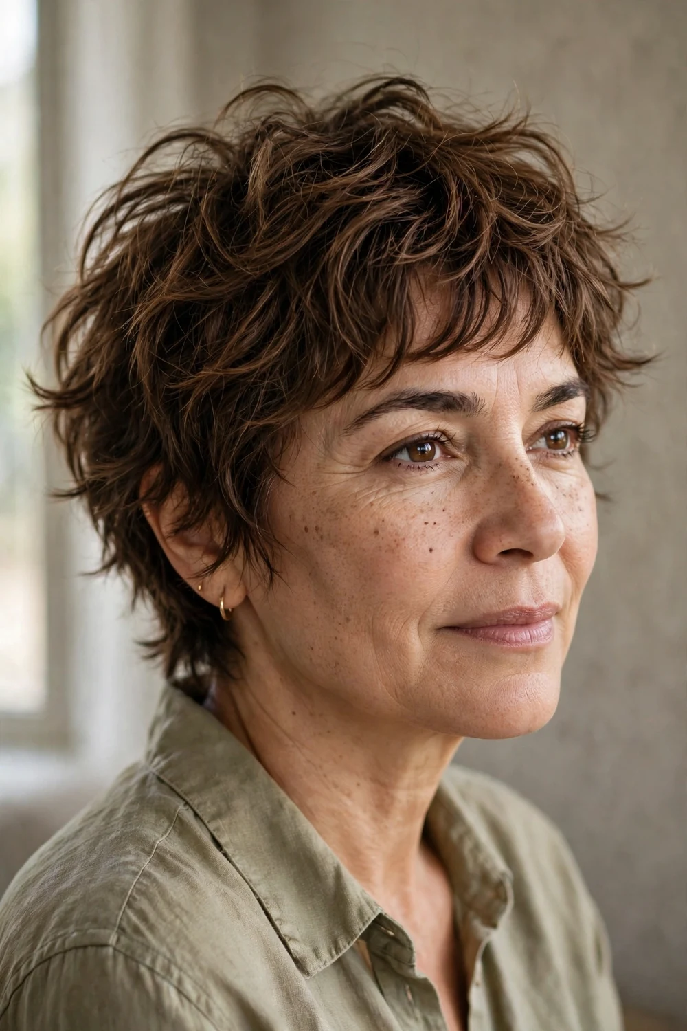 Pixie shag with choppy ends on fine wavy brown hair, woman over 50