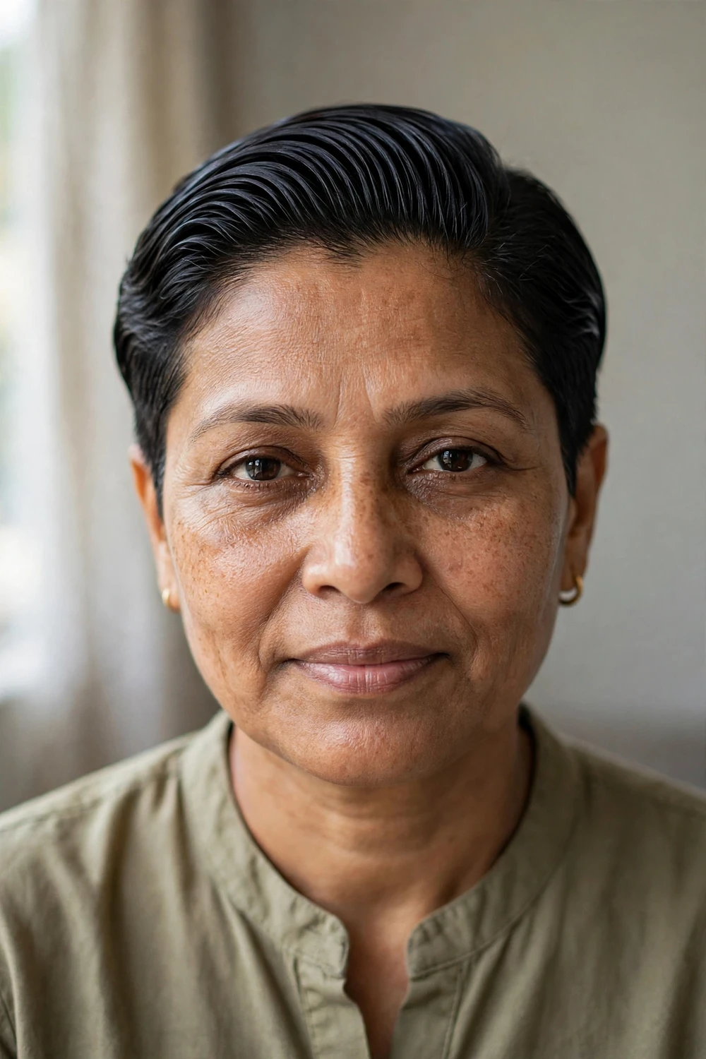 Woman with a slicked-back pixie cut with a smooth sleek finish and close sides