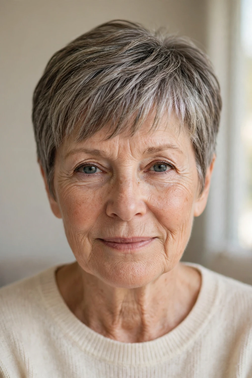 Older woman with a brushed-forward salt-and-pepper pixie cut with a textured fringe