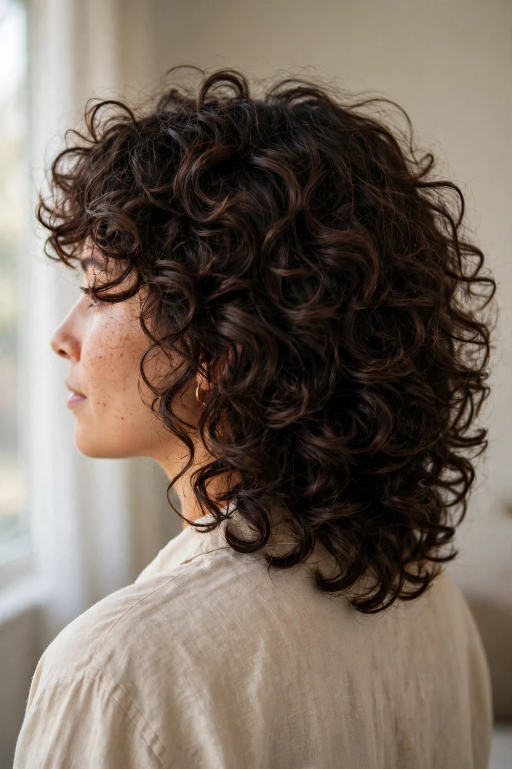 Young woman with dark brown naturally curly medium-length hair styled in a curly layered haircut