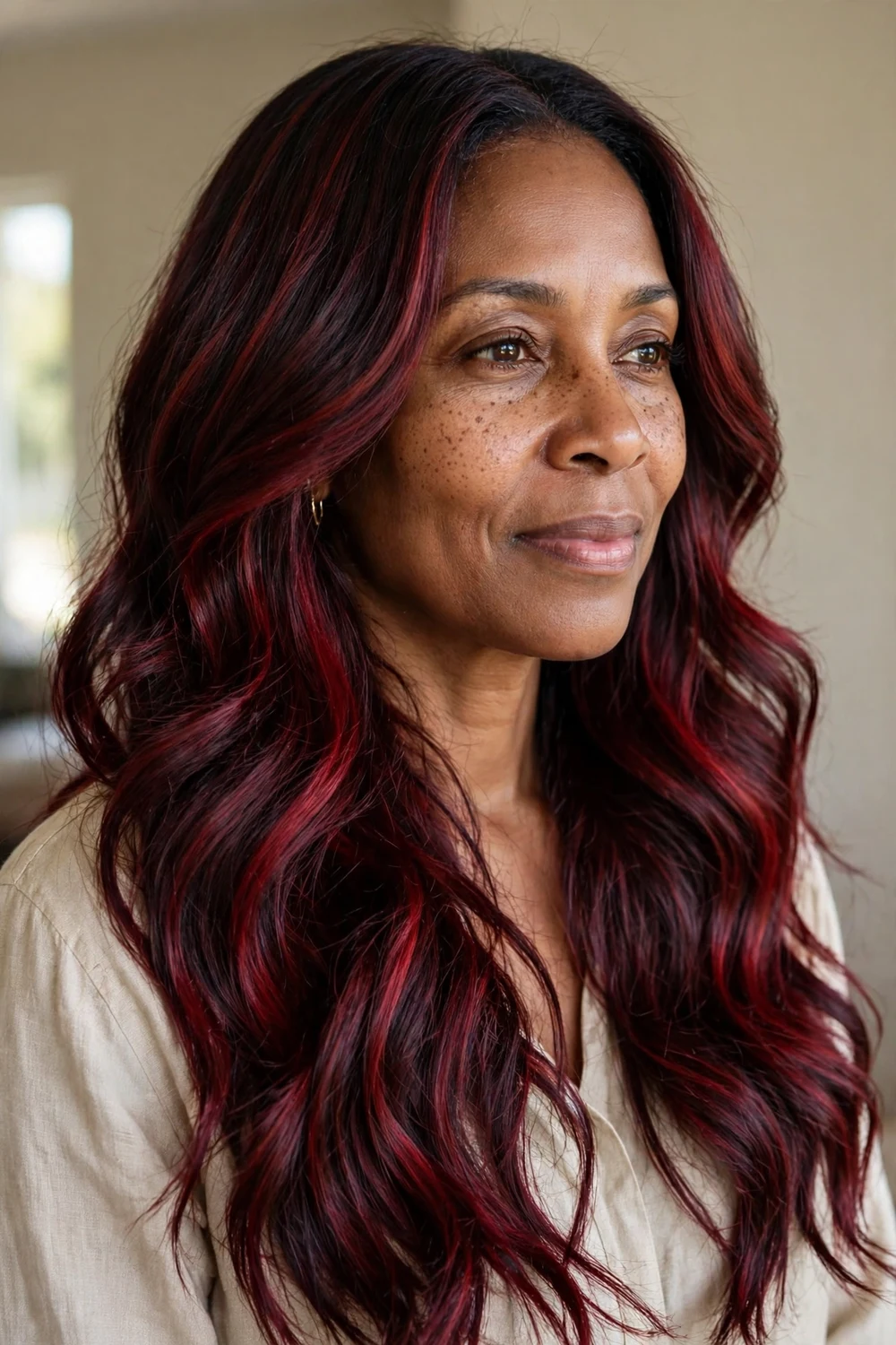 Naturally black long hair with deep cherry cola luminosity on lifted sections