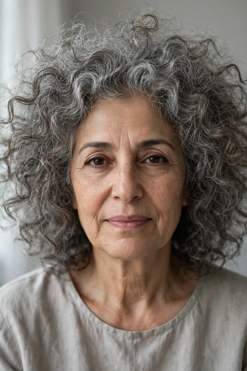 Wide soft salt-and-pepper curls with airy undone texture on an older woman
