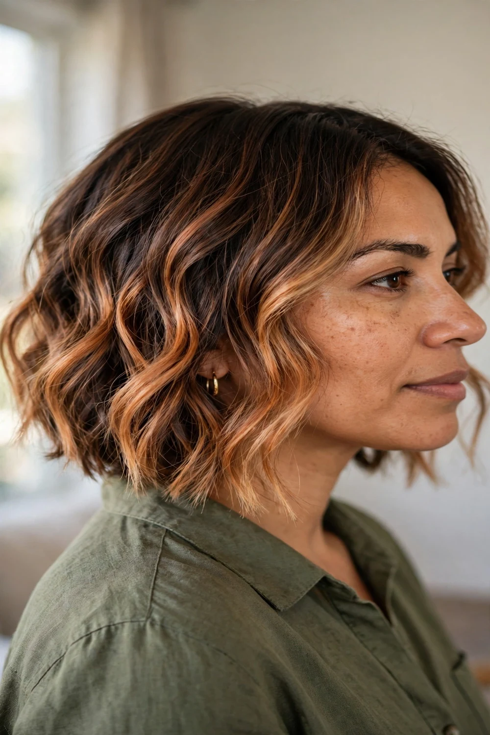 Dark mocha to copper blonde balayage waves on short bob