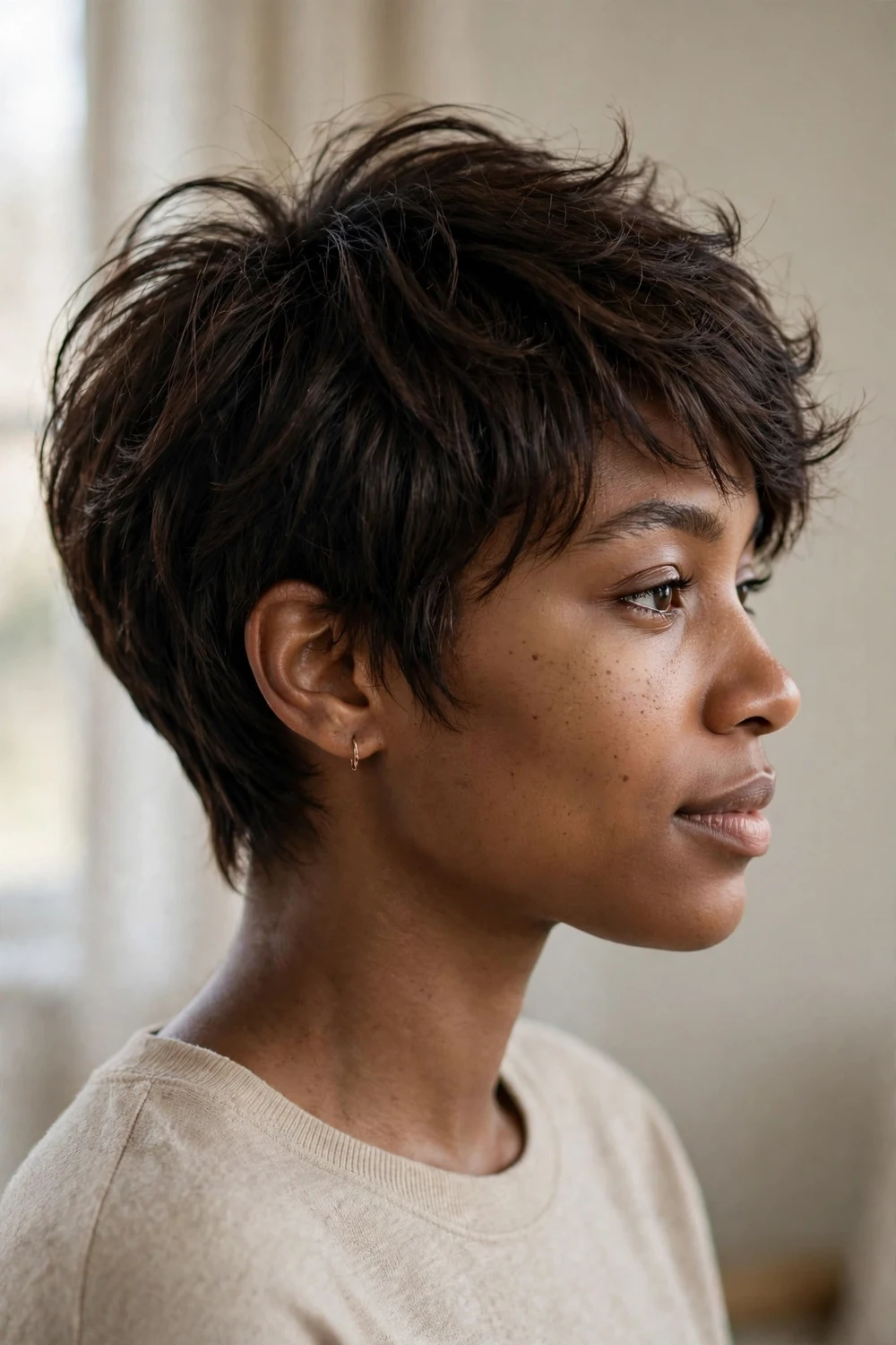 Young woman with dark brown short hair styled in a soft layered pixie cut with wispy piece-y layers