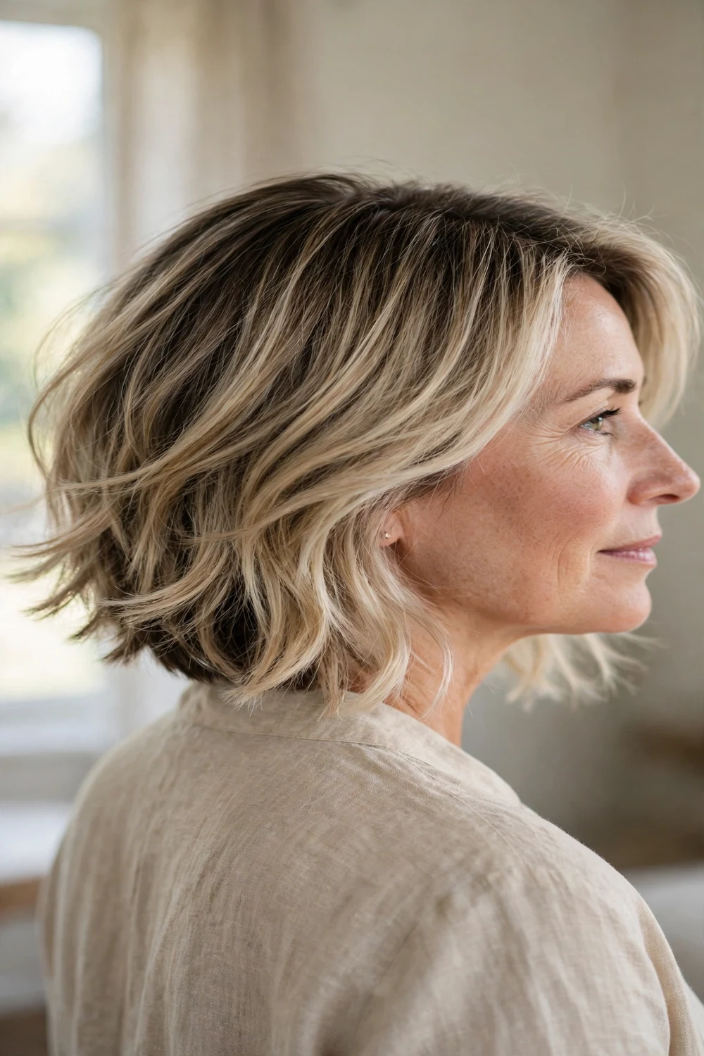 Beige blonde layered balayage bob with feathered ends