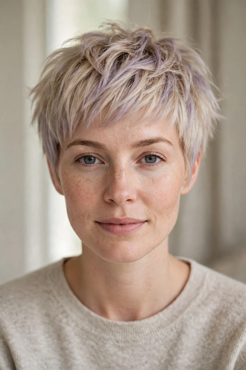 Woman with a blonde pixie cut with a subtle lavender tint and choppy layers