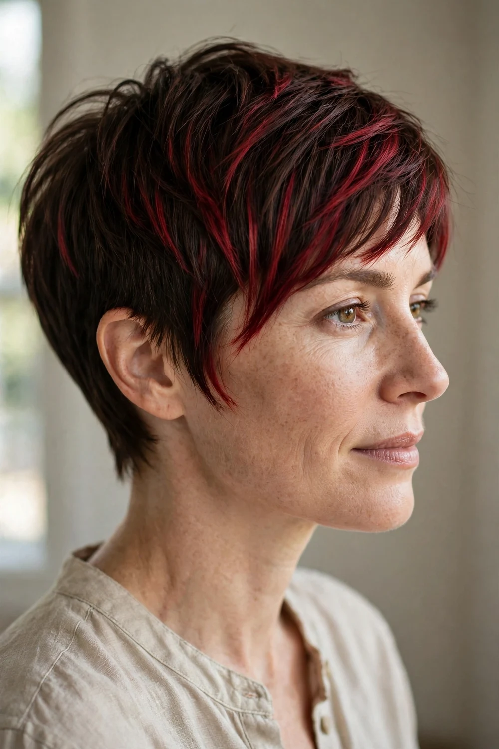 Short dark pixie haircut with hand-painted cherry cola accents on the front pieces