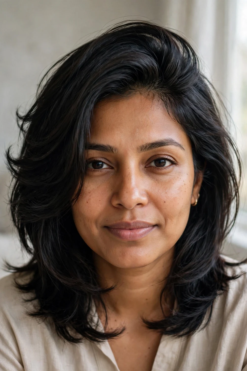 Woman with black medium-length hair styled in a soft layered haircut with a deep side part