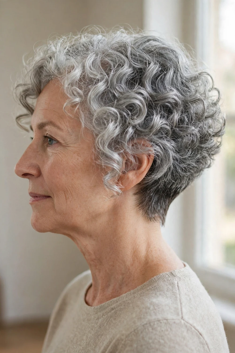 Medium-length bright gray curls with tapered back and fuller sides