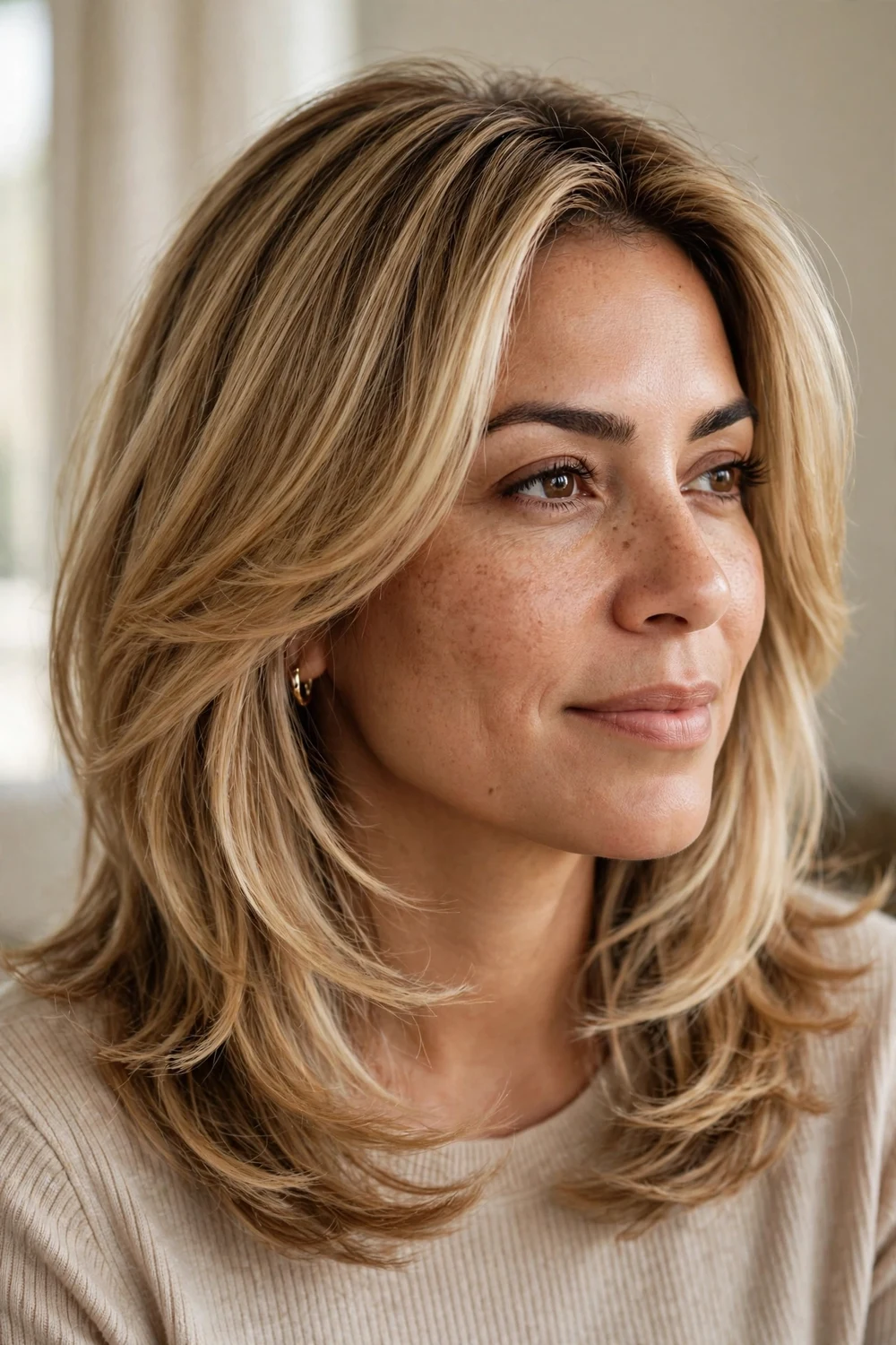 Woman with honey blonde shoulder-length hair styled in a soft layered lob with long seamless layers