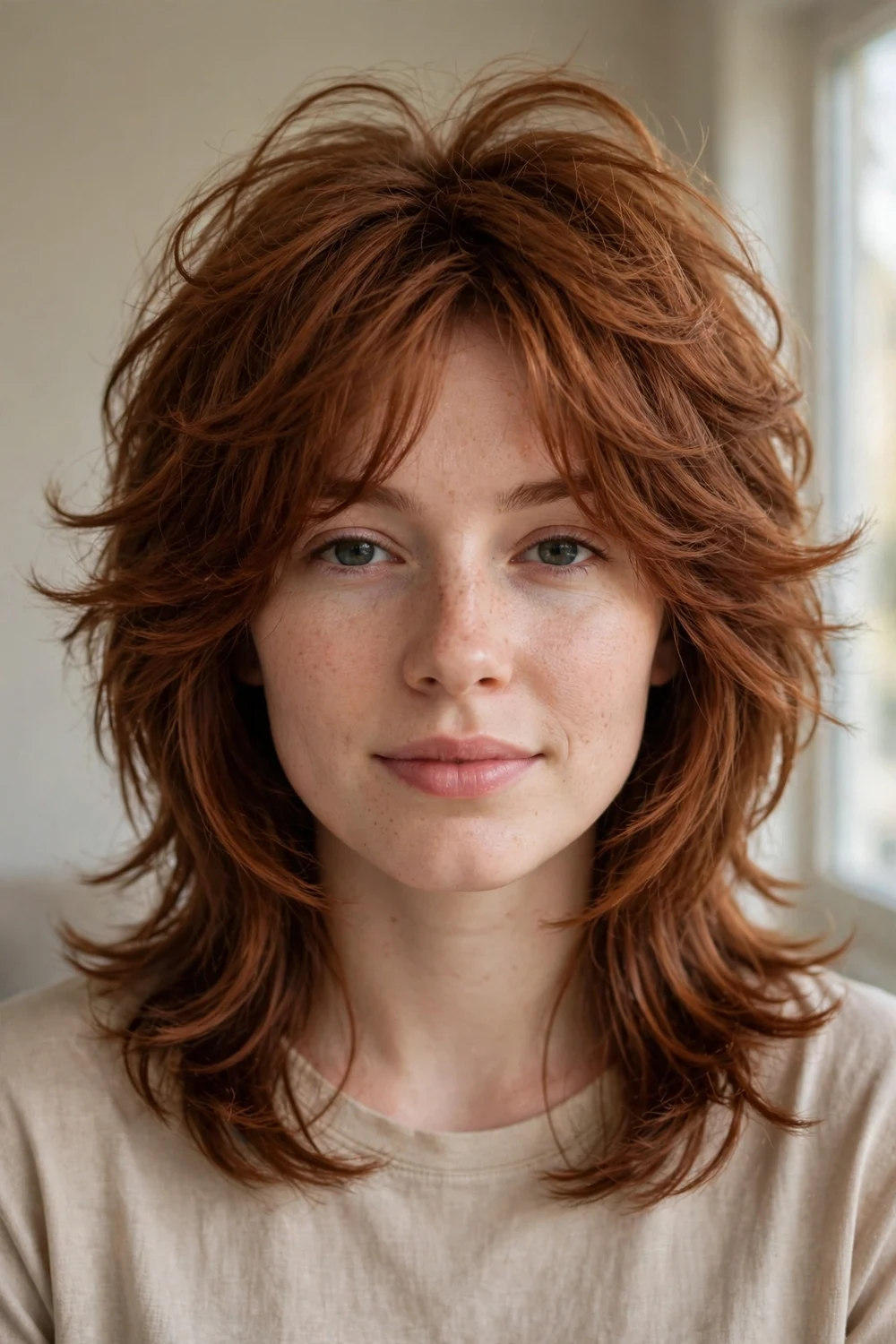 Young woman with auburn medium-length hair styled in a soft layered shag haircut with feathery layers