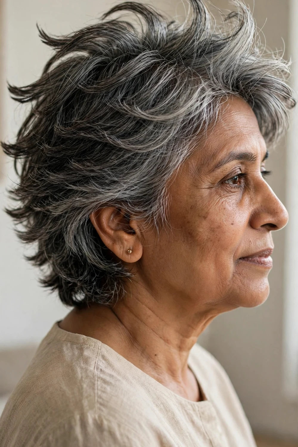 Older woman with salt-and-pepper short hair styled in a feathered layered haircut with airy ends